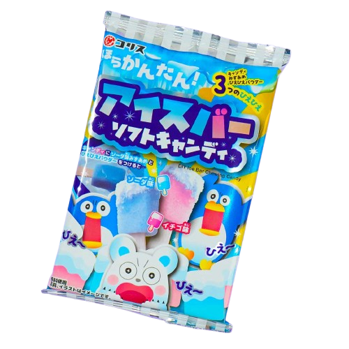 Angled front view of the Coris Ice Bar Soft Candy DIY 49g bag in portrait layout, highlighting packaging artwork, serving suggestion icons, and the 49g size.