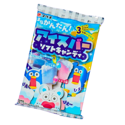 Angled front view of the Coris Ice Bar Soft Candy DIY 49g bag in portrait layout, highlighting packaging artwork, serving suggestion icons, and the 49g size.