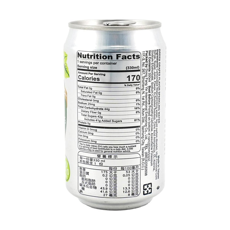 Back view of the DONGFANGYIN Green Grape Sparkling Water 11.15 fl oz can, displaying full packaging information and design on a white background.