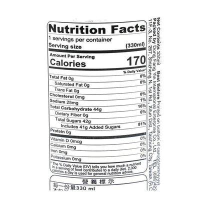 Clear, straight-on close-up of the nutrition label from the DONGFANGYIN Green Grapes Sparkling Water 11.15 fl oz can, shown on a white background.