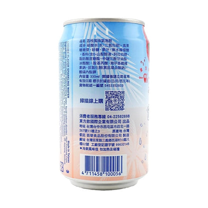 Back view of the DONGFANGYIN Lychee Sparkling Water 11.15 oz can, displaying packaging details and product information against a white background.