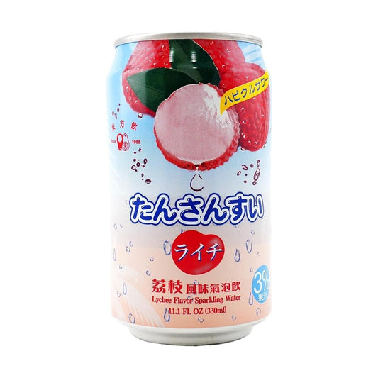 Front view of the DONGFANGYIN Lychee Flavor Sparkling Water 11.15 oz can, shown closed with full graphics and branding on a clean white background.