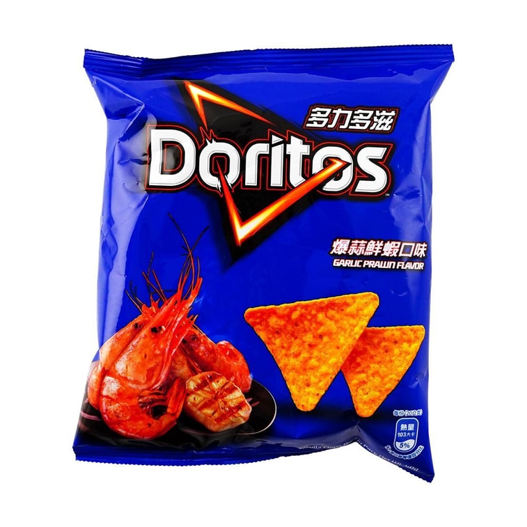 Front-facing portrait image of the Doritos Garlic Shrimp Flavor tortilla chips bag, fully sealed, showing the bold shrimp and garlic-themed packaging against a clean white background.