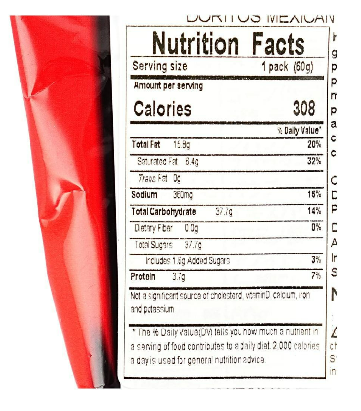 Close-up image of the nutrition label from the Doritos Mexican Tacos Flavor Corn Chips 2.11 oz package, clearly captured against a white background.