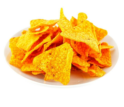 Doritos Mexican Tacos Flavor corn chips displayed outside the packaging, showcasing their crunchy texture and taco-inspired seasoning.