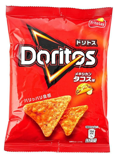Front-facing image of the Doritos Mexican Tacos Flavor Corn Chips 2.11 oz box, shown closed and upright against a clean white background.