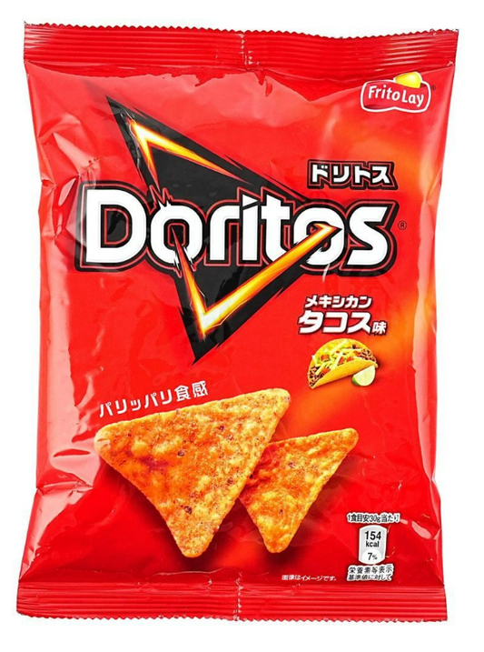 Front-facing image of the Doritos Mexican Tacos Flavor Corn Chips 2.11 oz box, shown closed and upright against a clean white background.