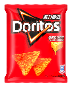 A front-facing image of a closed Doritos corn chips bag in nacho cheesier flavor, shown fully upright with clear branding and graphics on a white background.