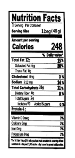 A close-up, straight-on image of the nutrition facts label from a Doritos nacho cheesier corn chips package, clearly legible on a white background.