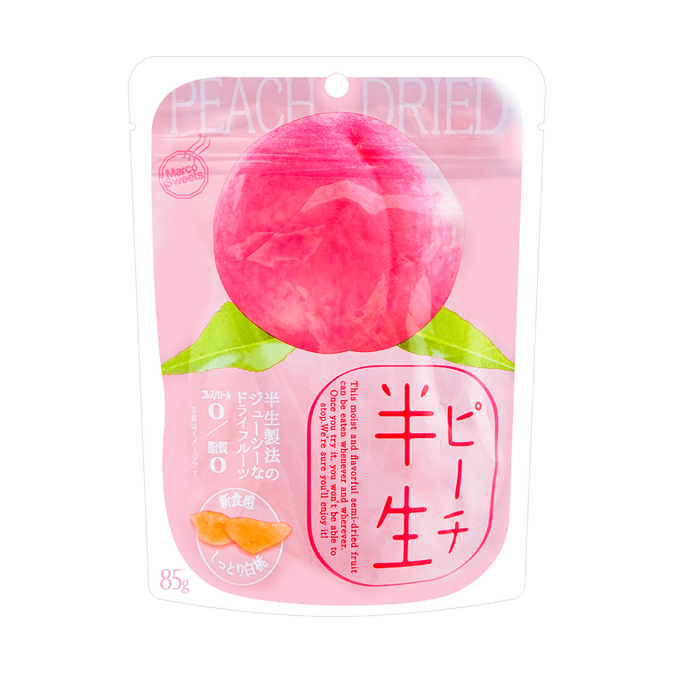 Front view of the DOSHISHA Semi-Dried Peach 85g bag, shown sealed and upright in portrait orientation against a clean white background.
