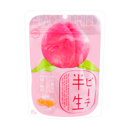 Front view of the DOSHISHA Semi-Dried Peach 85g bag, shown sealed and upright in portrait orientation against a clean white background.