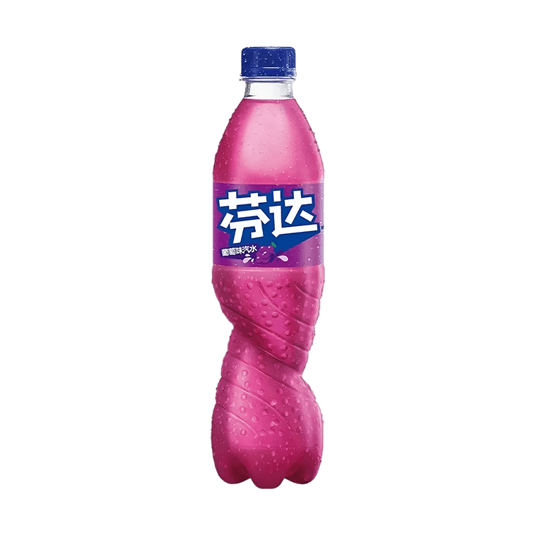 Front-facing portrait image of the Fanta Grape Flavored Soda 500ml bottle, closed and standing upright on a clean white background, showing its bright purple label and packaging design.