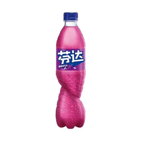 Front-facing portrait image of the Fanta Grape Flavored Soda 500ml bottle, closed and standing upright on a clean white background, showing its bright purple label and packaging design.