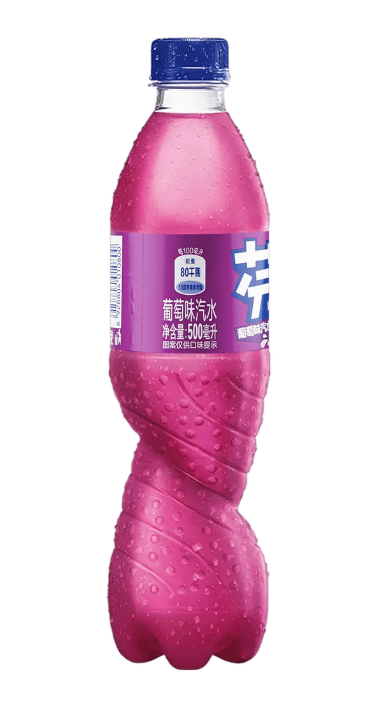 Side-facing view of the Fanta Grape Flavored Soda 500ml bottle on a white background, displaying the bottle’s curved shape and partial grape-themed label artwork.