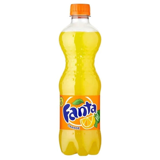 A front-facing portrait image of the closed 500ml FANTA Orange bottle, showing the full bright-orange label and graphics clearly against a white background.
