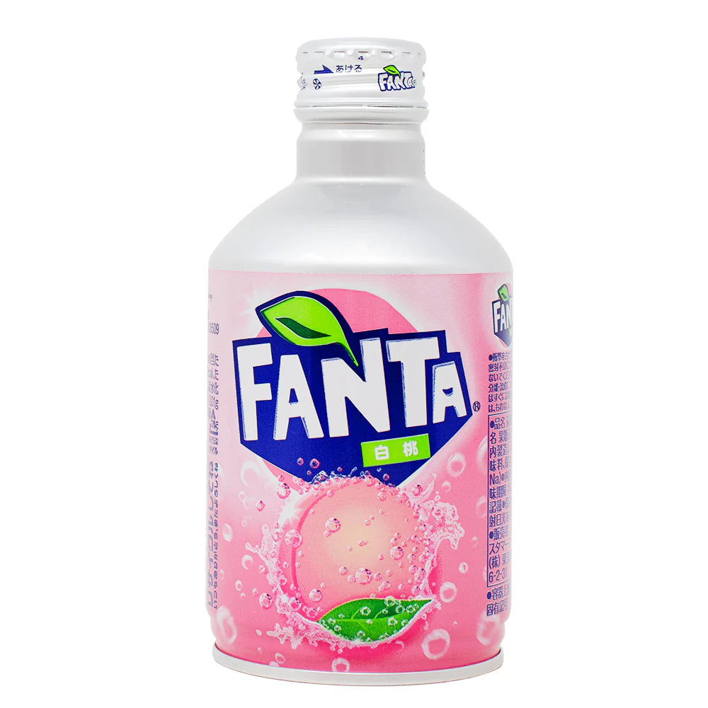 Angled front image of the FANTA Coca-Cola White Peach 300ml bottle can, sealed and upright, showing the full peach-themed graphics clearly against a white background.