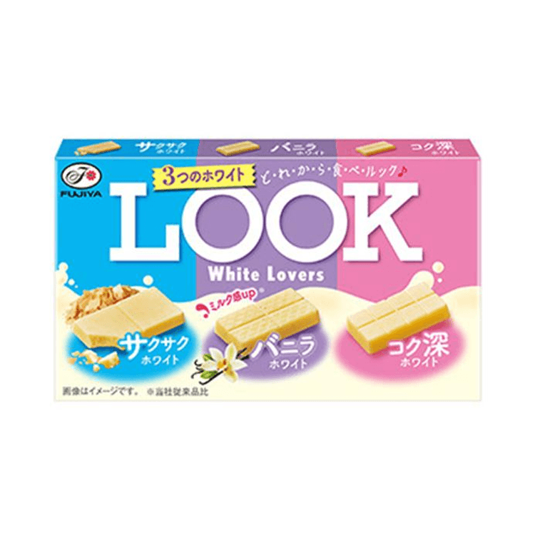 Front-facing view of the FUJIYA Look White Lover white chocolate box in a closed, landscape orientation on a clean white background, showing the 12-pack packaging design.