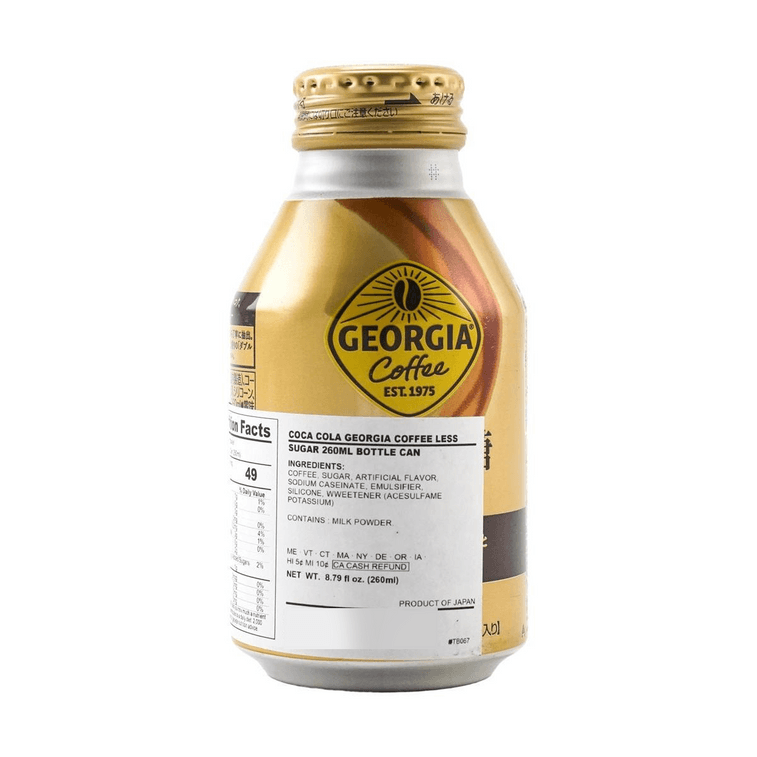 Back-facing portrait image of the closed 260ml GEORGIA Coffee Less Sugar can, uncropped, with the full back label visible on a white background.