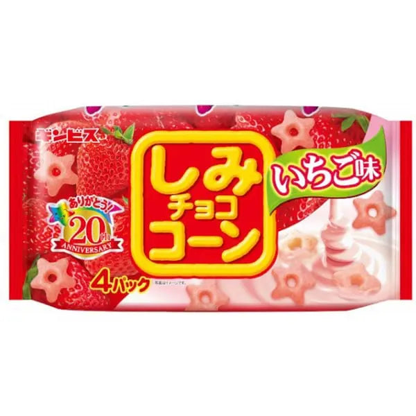 Front-facing image of GINBIS Shimi Corn Stars Pack Strawberry, showing the closed landscape-style bag with full graphics and strawberry-themed design on a clean white background.