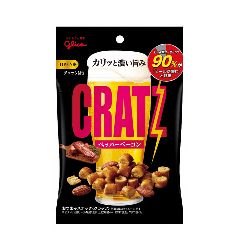 Front-facing portrait image of the GLICO CRATZ Assorted Snacks Bacon Flavor 42g pouch, shown closed with full front graphics featuring smoky bacon imagery and bold branding clearly visible against a clean white background.