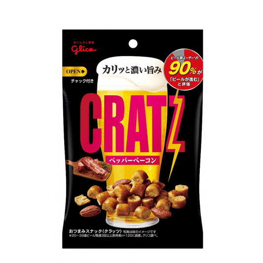 Front-facing portrait image of the GLICO CRATZ Assorted Snacks Bacon Flavor 42g pouch, shown closed with full front graphics featuring smoky bacon imagery and bold branding clearly visible against a clean white background.