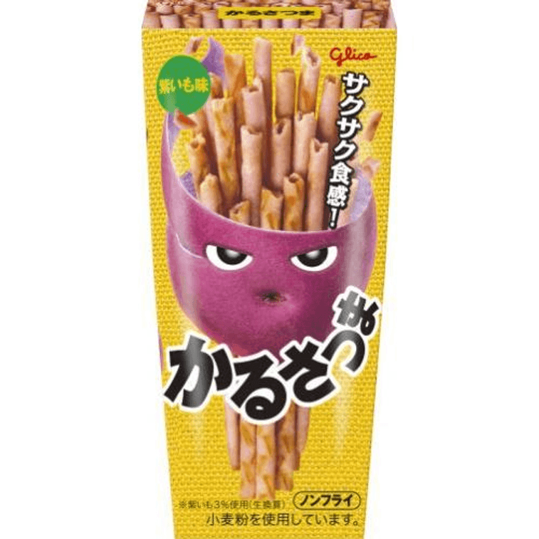 Front-facing image of the GLICO Karusatsuma purple sweet potato snack bag, sealed and upright with clear product branding on a white background.