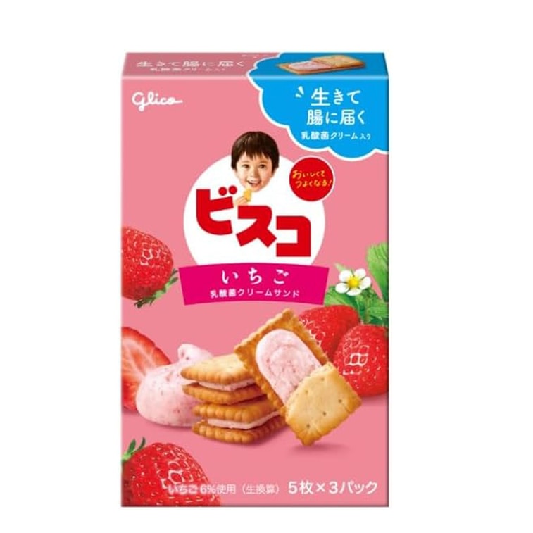 A front-facing portrait view of the GLICO Strawberry Sandwich Cookies 15pcs box, shown closed against a clean white background.