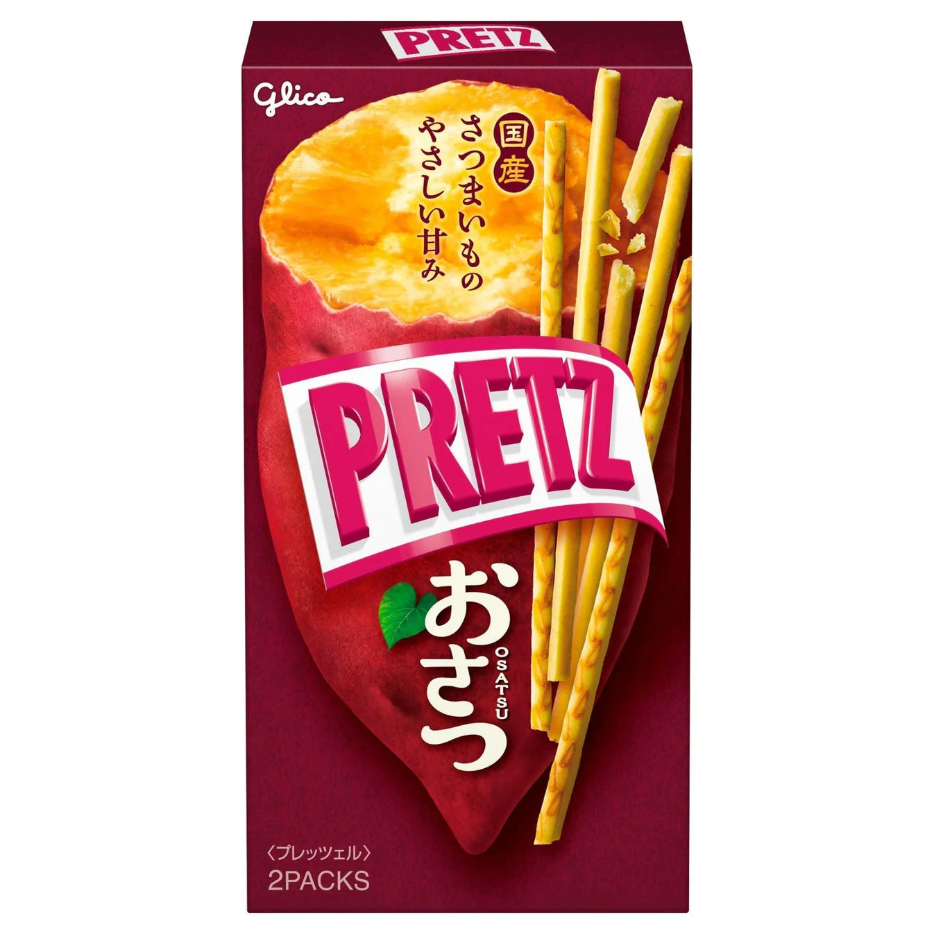 Front view of the Glico Pretz Sweet Potato Snack box, shown closed in a vertical portrait orientation with maroon-colored packaging against a clean white background.