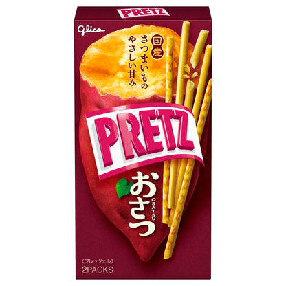 Front view of the Glico Pretz Sweet Potato Snack box, shown closed in a vertical portrait orientation with maroon-colored packaging against a clean white background.