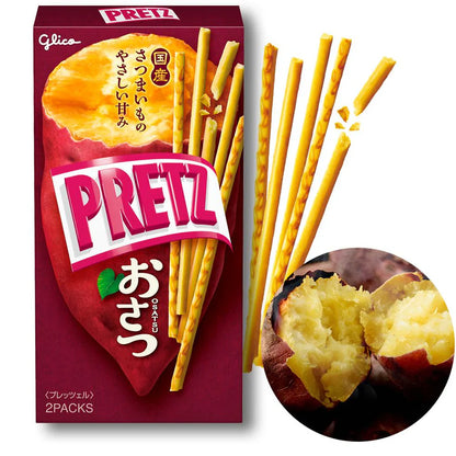 Portrait image showing Glico Pretz Sweet Potato biscuit sticks removed from the packaging, highlighting their shape and texture. 