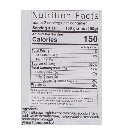 A zoomed-in close-up of the nutrition label from the Happy Company Preserved Seedless Dried Plums 160g package, clearly displayed against a white background.