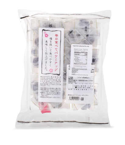 A back-facing portrait image of the closed Happy Company Preserved Seedless Dried Plums 160g package on a clean white background, showing the back label and product details.