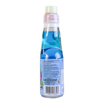 Back view of the HATAKOSEN Blueberry Ramune Soda 6.76 fl oz bottle, displaying product details and information on the sealed glass bottle over a plain white background.