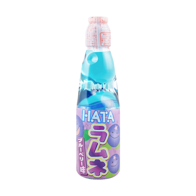 Front view of the HATAKOSEN Blueberry Ramune Soda 6.76 fl oz bottle, showing the closed marble-sealed glass bottle with blueberry-themed graphics against a clean white background.