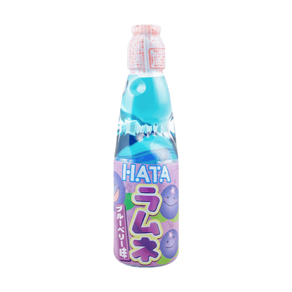 Front view of the HATAKOSEN Blueberry Ramune Soda 6.76 fl oz bottle, showing the closed marble-sealed glass bottle with blueberry-themed graphics against a clean white background.