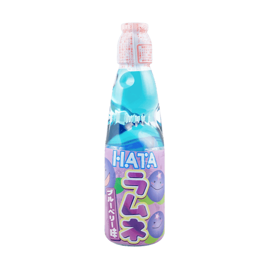 Front view of the HATAKOSEN Blueberry Ramune Soda 6.76 fl oz bottle, showing the closed marble-sealed glass bottle with blueberry-themed graphics against a clean white background.