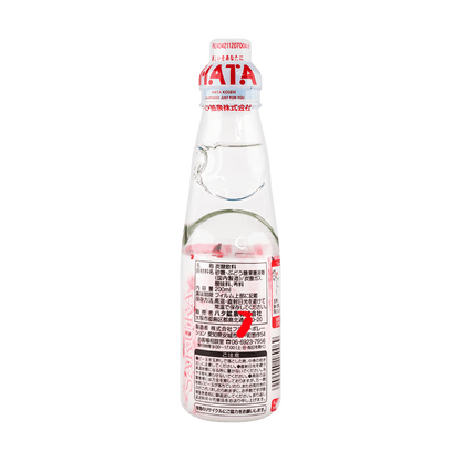 Back view of the HATAKOSEN Cherry Ramune Soda 200ml bottle, displaying product information and label details on the unopened glass bottle over a white background.