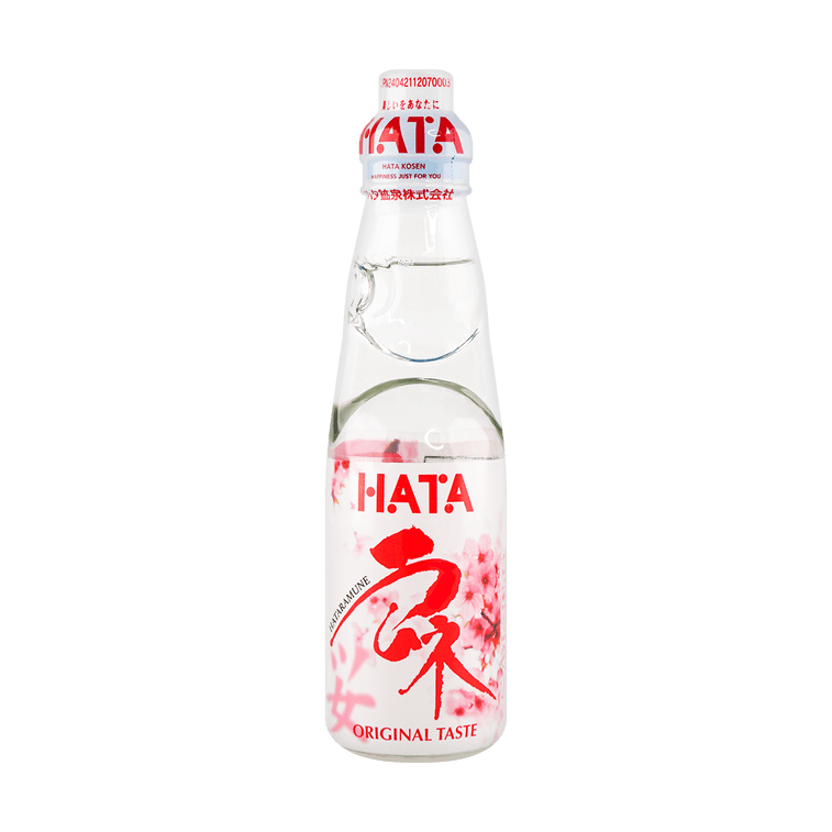 Front view of the HATAKOSEN Cherry Ramune Soda 200ml bottle, showing the sealed marble-stoppered glass bottle with bright cherry-themed graphics against a clean white background.