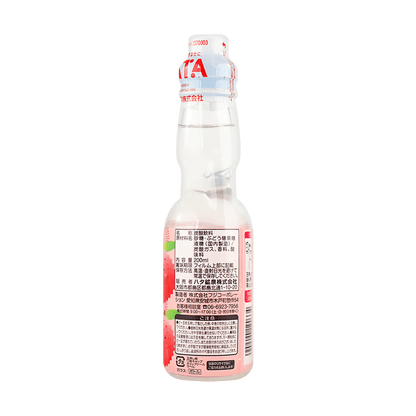 Back view of the HATAKOSEN Lychee Ramune Soda 6.76 fl oz bottle, displaying product information and label details on the unopened glass bottle against a white background.