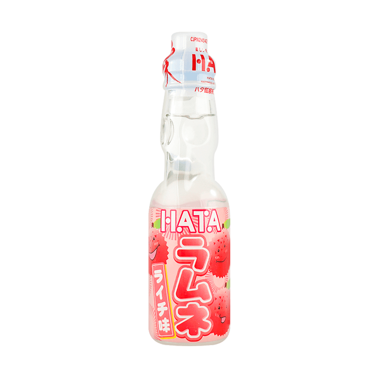Front view of the HATAKOSEN Lychee Ramune Soda 6.76 fl oz bottle, showing the sealed marble-stoppered glass bottle with lychee-themed graphics against a clean white background.