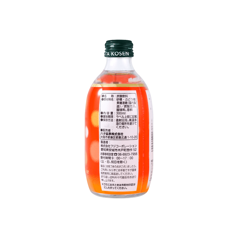 Back view of the HATAKOSEN Mango Flavor Soda bottle, standing upright and uncropped, showing the complete back label on a clean white background.
