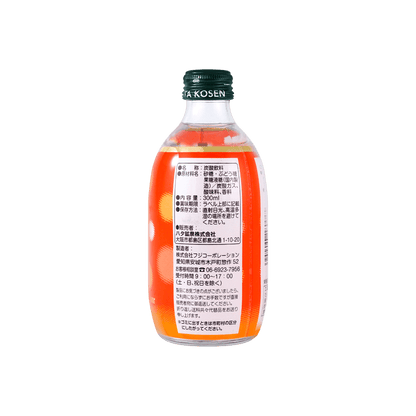Back view of the HATAKOSEN Mango Flavor Soda bottle, standing upright and uncropped, showing the complete back label on a clean white background.