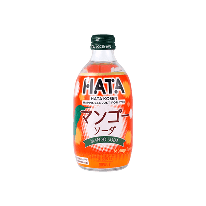 Front-facing image of the HATAKOSEN Mango Flavor Soda 10.14 fl oz plastic bottle, sealed and upright with full tropical graphics clearly visible against a white background.