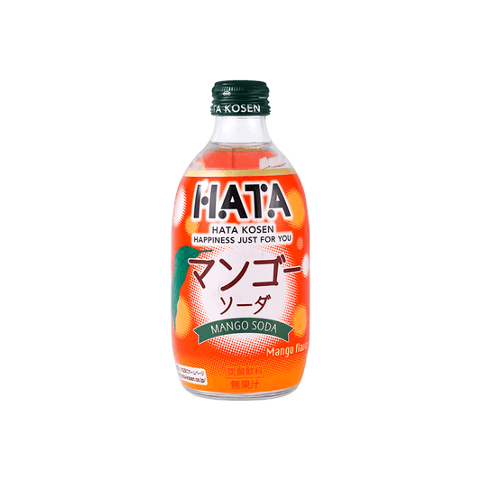 Front-facing image of the HATAKOSEN Mango Flavor Soda 10.14 fl oz plastic bottle, sealed and upright with full tropical graphics clearly visible against a white background.