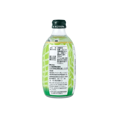 Back view of the HATAKOSEN Melon Flavor Soda bottle, standing upright and uncropped, showing the full back label clearly on a white background.