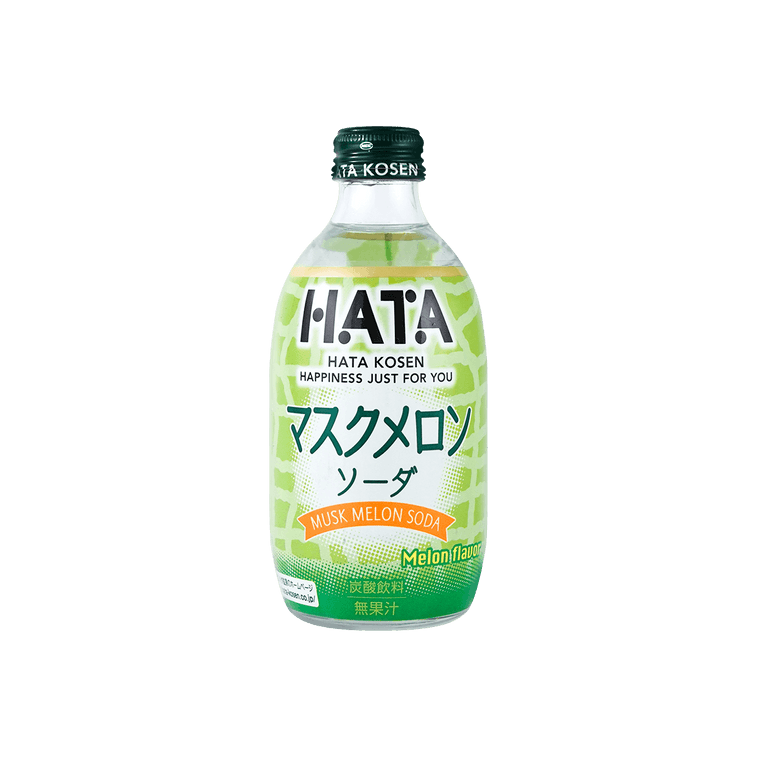 Front-facing image of the HATAKOSEN Melon Flavor Soda 10.14 fl oz plastic bottle, sealed and upright, with bright green graphics shown clearly against a white background.