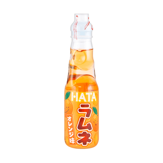 Front view of the HATAKOSEN Orange Ramune Soda 6.76 fl oz bottle, showing the closed marble-sealed glass bottle with bright orange-themed graphics against a clean white background.