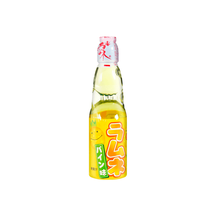 Front view of the HATAKOSEN Pineapple Ramune Soda 6.76 fl oz bottle, showing the classic marble-sealed glass bottle with bright pineapple-themed graphics against a clean white background.