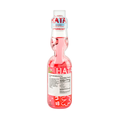 Back view of the HATAKOSEN Strawberry Ramune Soda 6.76 fl oz bottle, displaying product information and label details on the unopened bottle against a white background.