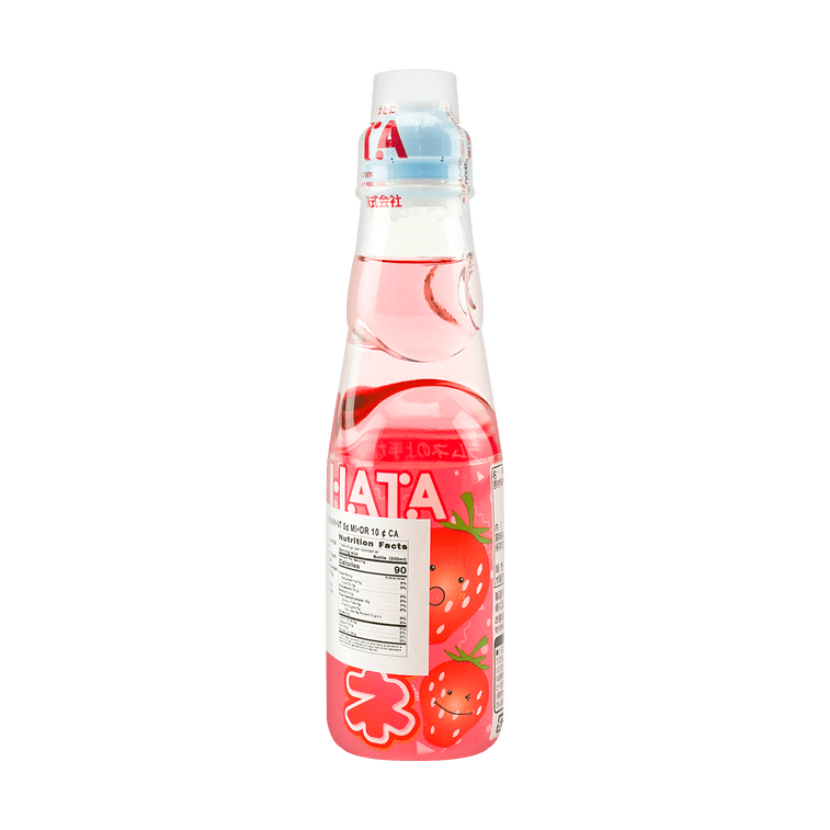 Front view of the HATAKOSEN Strawberry Ramune Soda 6.76 fl oz bottle, showing the sealed marble-stoppered glass bottle with strawberry-themed graphics against a clean white background.